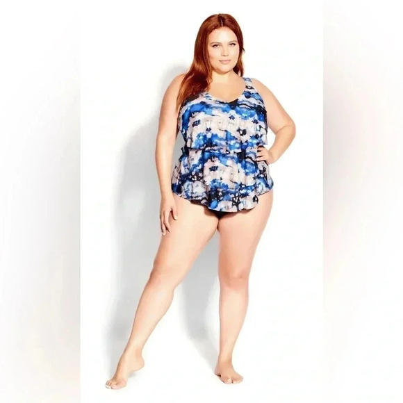 NWT Evans Blue Wave Print Tiered Tankini Swim Top Women’s Size 22 Bathing Bra - Picture 1 of 17